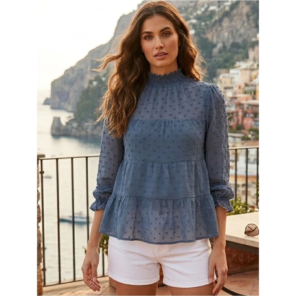 Sheer Swiss Dot Smocked Medium Blue Blouse 3/4 Sleeve High-Neck Cottage Costal